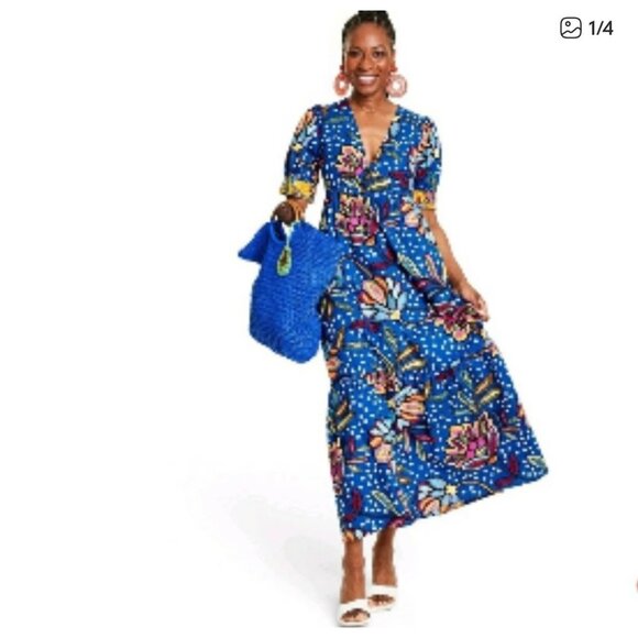 New! Tabitha Brown Target Blue Floral Polk Dot Maxi Dress Size 2 MSRP $40 - Picture 1 of 8